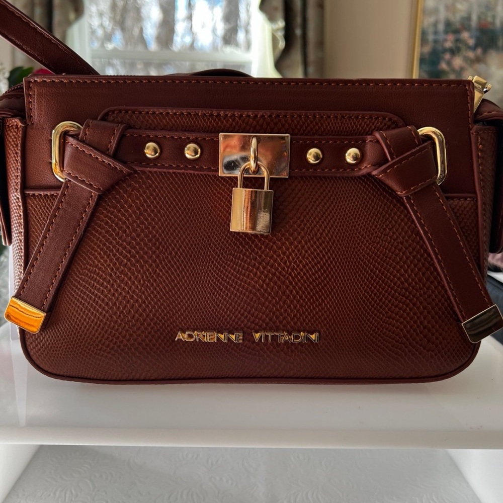 Adrienne Vittadini Gold and Brown Crossbody Bag with Textured Leather